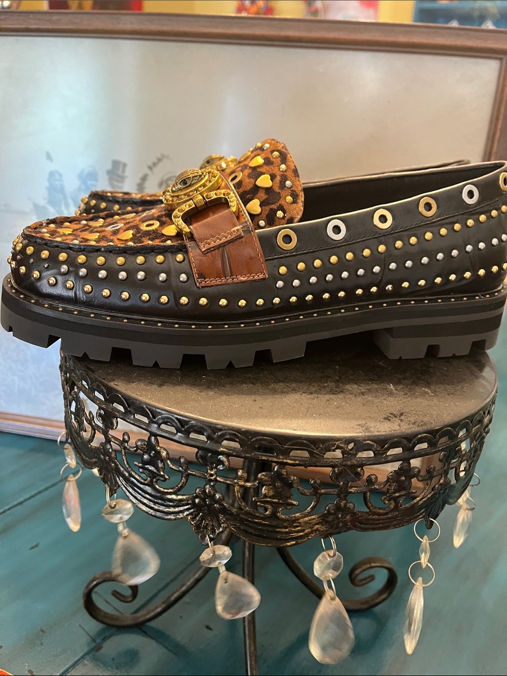 Kurt Geiger Brown Leopard Print Studded Loafers with Gold Accents - Picture 2 of 9